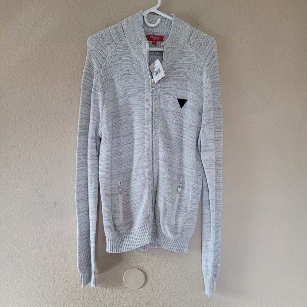 Guess Knit Men Size Large Full Zip Long Sleeve Gray Cardigan Sweater Classic Nwt